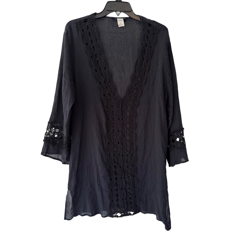 La Blanca Black Cotton Gauze Crochet Trim Tunic Swim Cover Up Womens XL